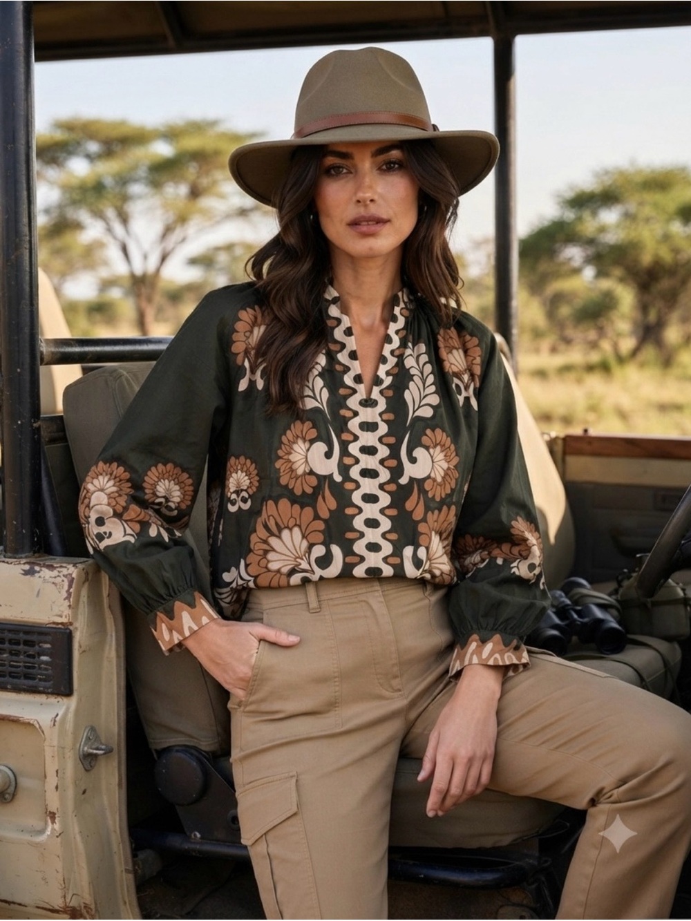 Hera Collection Olive Boho Blouse with Tan and Cream Floral Print